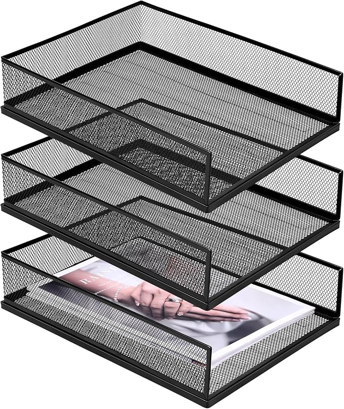 3 Pcs Black Metal Letter Tray, 3-Tier Stackable Paper Tray, Metal Mesh Desktop by Unknown