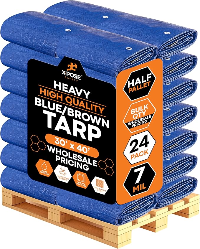 Heavy Blue & Brown Tarp 30' x 40'- Bulk Half Pallet Weatherproof, Wind & Sun by XposeSafety