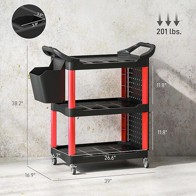 HOMCOM 3 Tier Utility Cart on Wheels, Rolling Tool Storage - Image 7