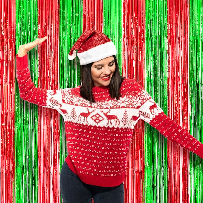 3 Pack 3.3x8.2 Feet Red and Green Foil Fringe Backdrop Curtains, Tinsel - Image 7