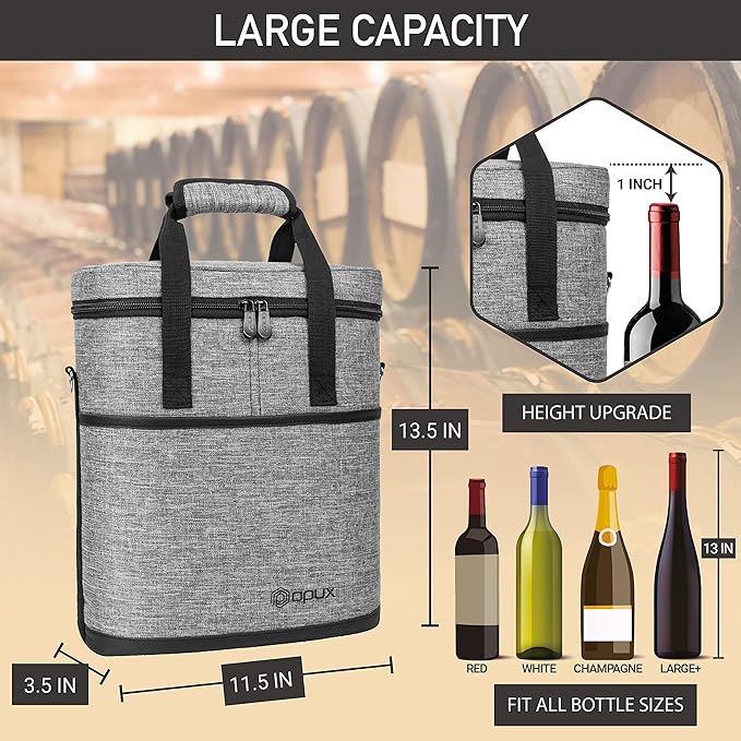 opux 3 Bottle Wine Carrier Tote, Insulated Leakproof Wine Cooler Bag, Wine - Image 3