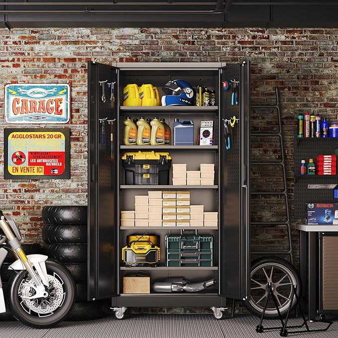 Metal Storage Cabinet with Wheels and Pegboard, Assembly Required - Image 9