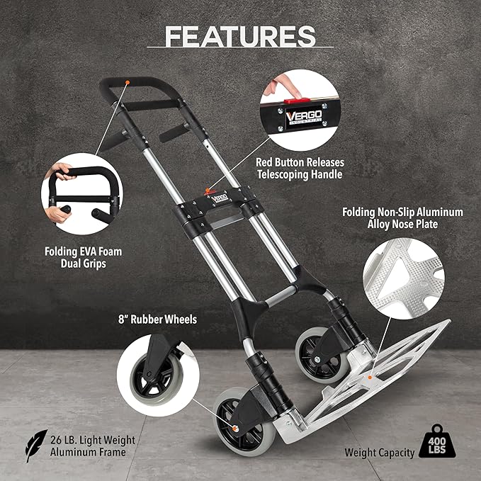 Vergo 400 lbs Capacity Folding Hand Truck Dolly – Lightweight Aluminum Frame - Image 2