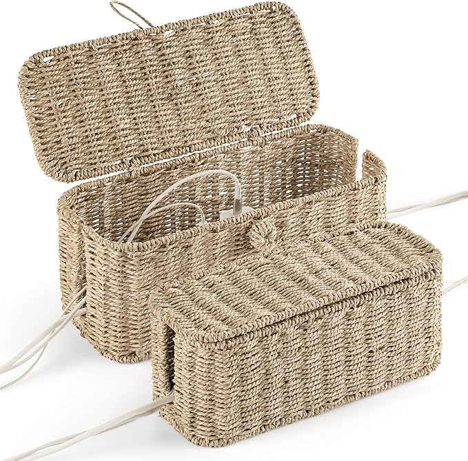2-Pack Large Cable Management Box, Natural Rattan Cable Cord Organizer Boxes by BLUEWEST