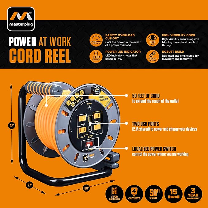Masterplug 50ft Cord Reel, Retractable Extension Lead - Image 2
