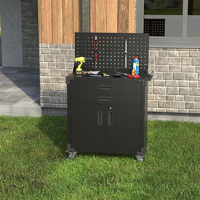 Tool Cart with Wheels and 2 Drawers, Metal Garage Storage Cabinet with Lockable - Image 7
