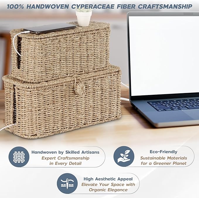 2-Pack Large Cable Management Box, Natural Rattan Cable Cord Organizer Boxes - Image 2
