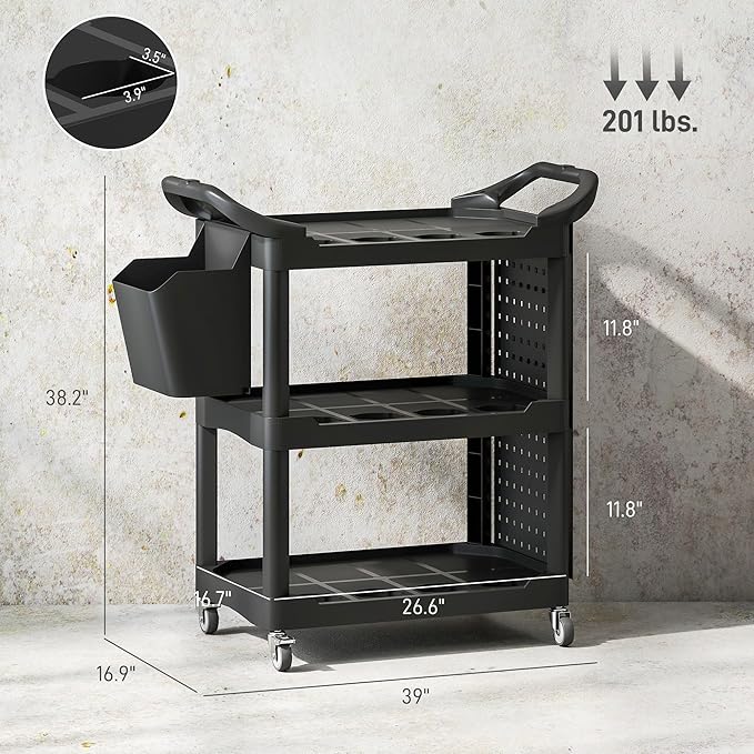 HOMCOM 3 Tier Utility Cart on Wheels, Rolling Tool Storage - Image 7