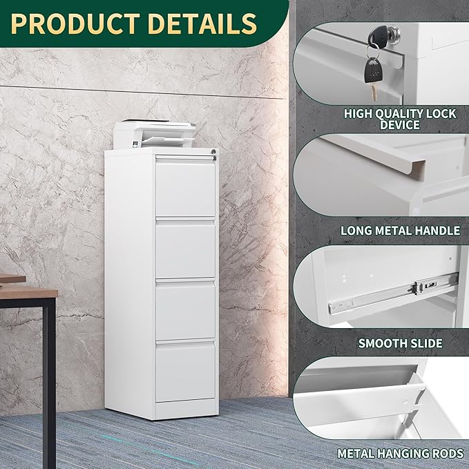 4 Drawer File Cabinet with Lock, Steel Vertical Filing Storage Cabinet - Image 4