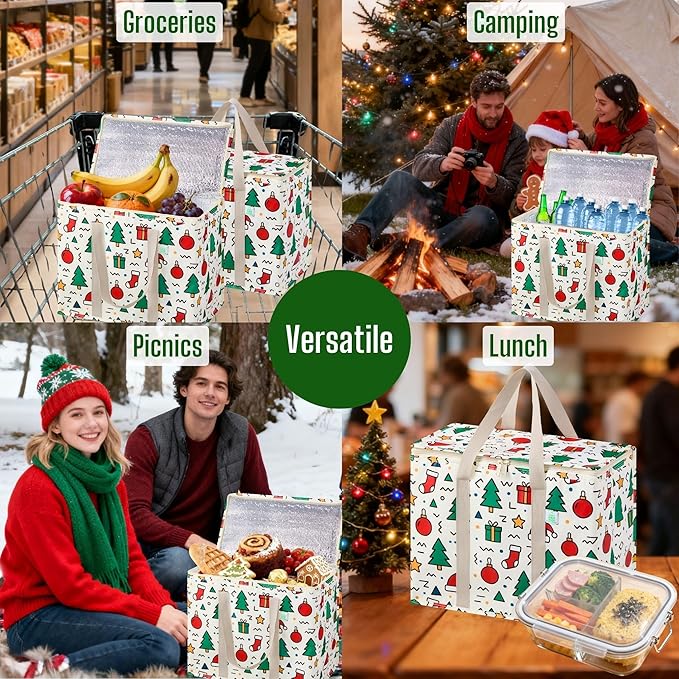 VENO 2 Pack Christmas Cooler Bag Insulated Reusable Grocery Shopping Bag - Image 6