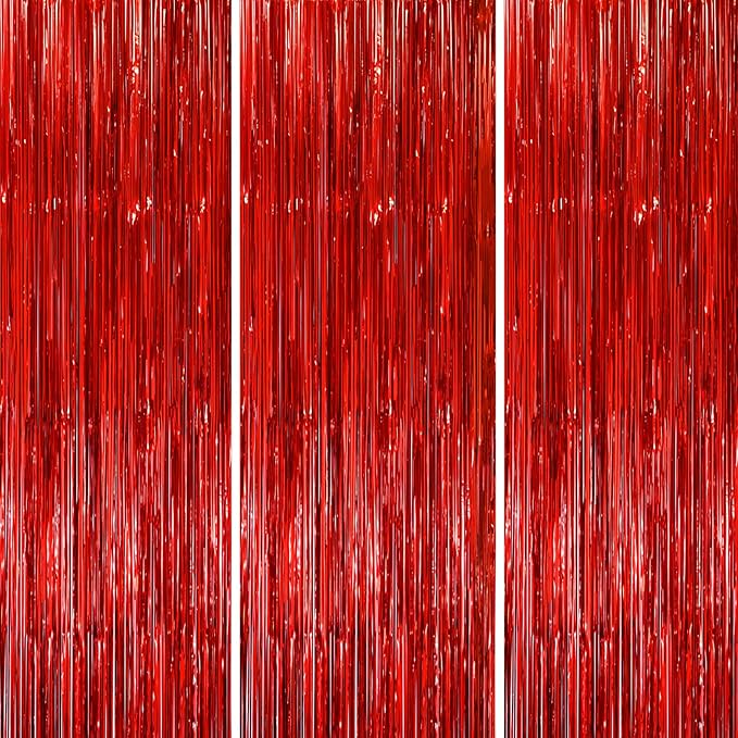 3 Pack 3.3x8.2 Feet Red Foil Fringe Backdrop Curtains, Tinsel Streamers by Voircoloria