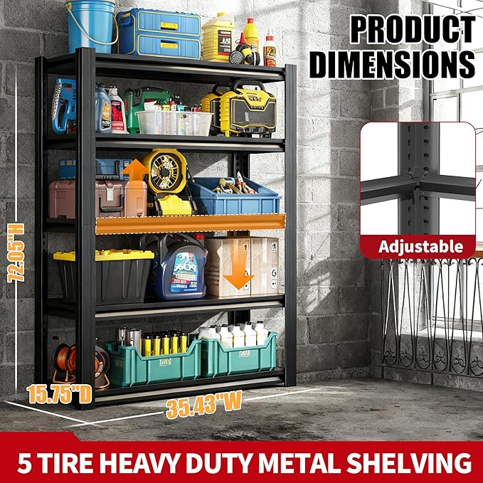 72" H Garage Shelving, Metal Storage Shelves, Adjustable 5 Tier Storage Rack - Image 2