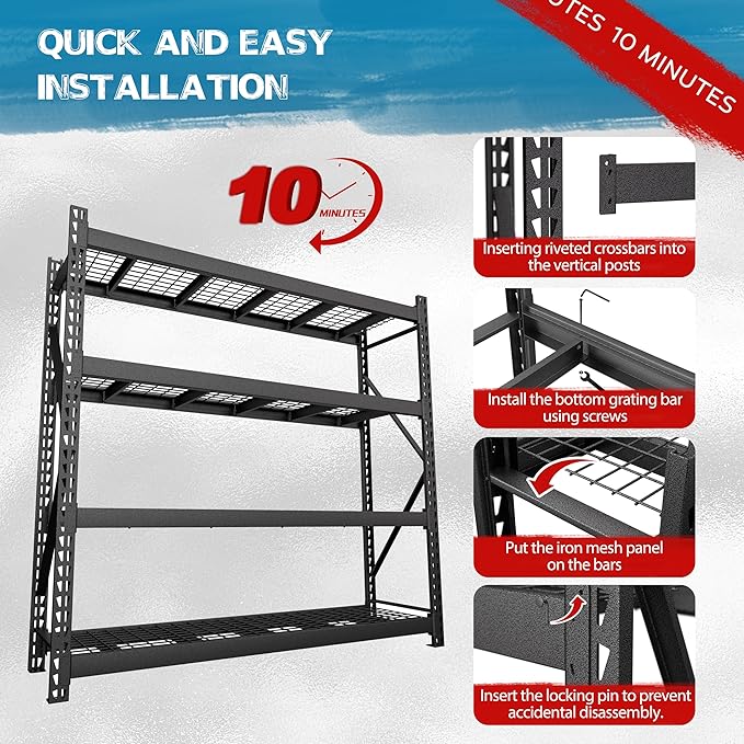 8000LBS 91 "W x 24 "D x 87 "H Storage Shelves, 4-Tier Adjustable Metal Shelving - Image 6