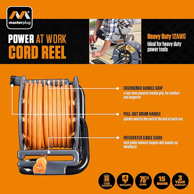 Masterplug 75ft Cord Reel, Retractable Extension Lead - Image 5