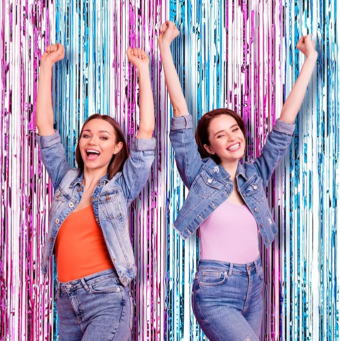 3 Pack 3.3x8.2 Feet Blue and Pink Foil Fringe Backdrop Curtains, Tinsel - Image 7