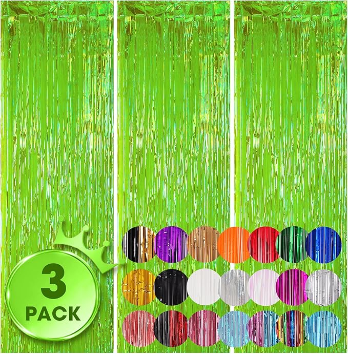 3 Pack 3.3x8.2 Feet Neon Green Foil Fringe Backdrop Curtains, Tinsel Streamers by Voircoloria