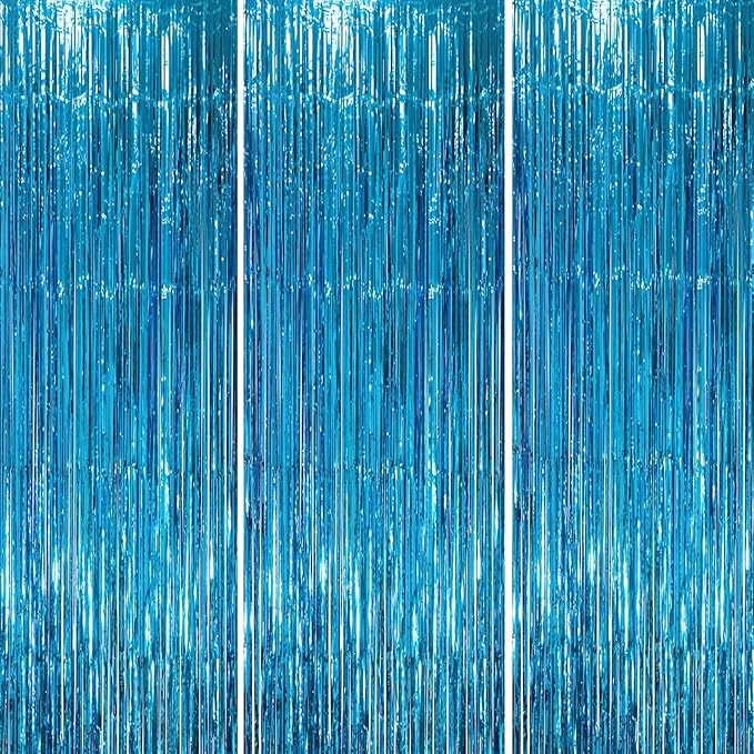 3 Pack 3.3 x 8.2 ft Retro Blue Foil Fringe Backdrop Curtains, Tinsel Streamers by Voircoloria