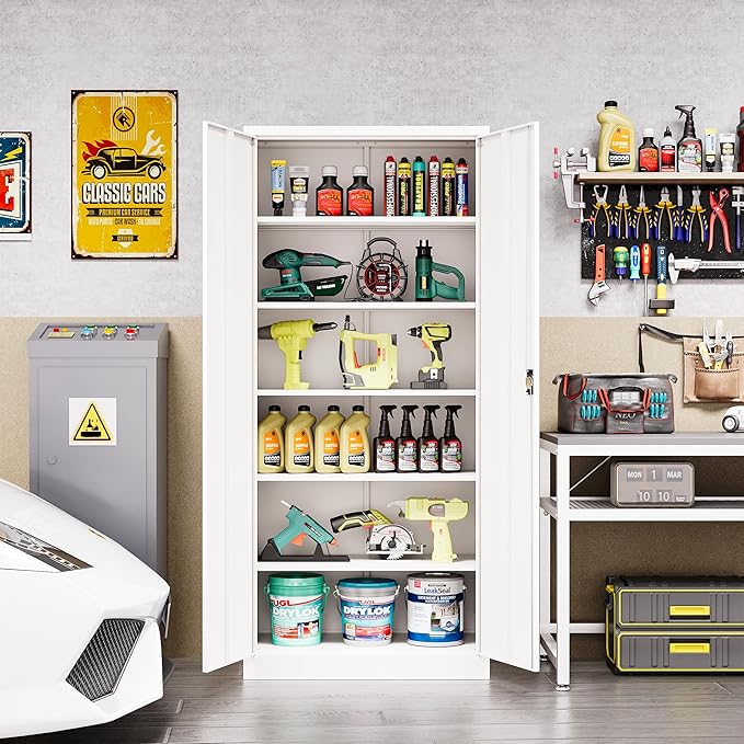 Metal Storage Cabinet with Lock, Lockable Garage Cabinet with 2 Doors and 5 - Image 3
