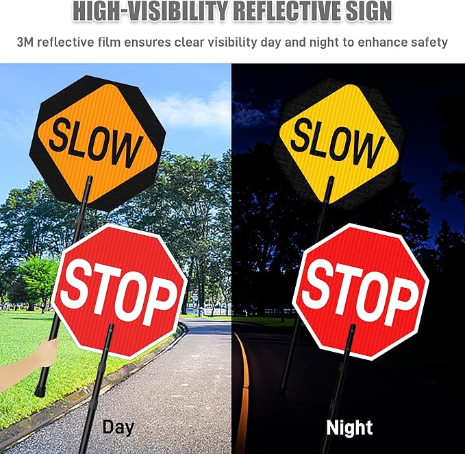 Stop Slow Sign with 66" Adjustable Handle, 18x18 Inch Double Sided Reflective - Image 4