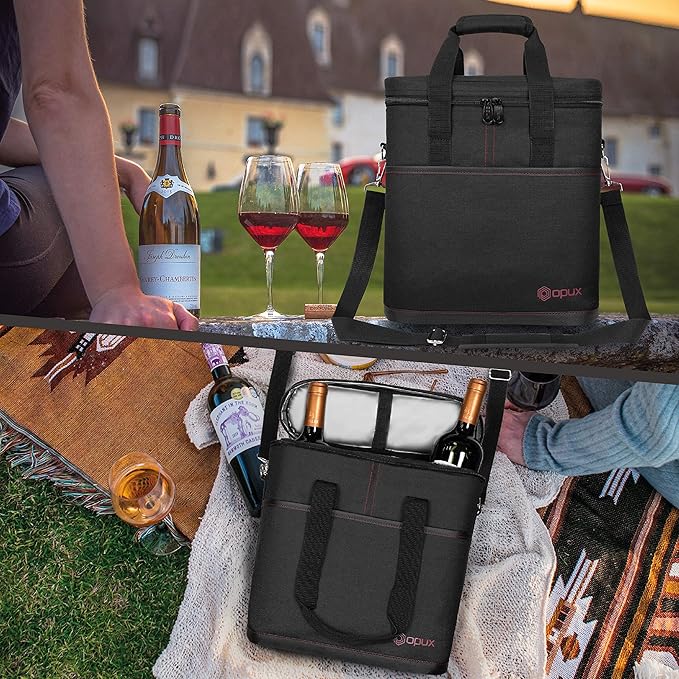 opux 3 Bottle Wine Carrier Tote, Insulated Leakproof Wine Cooler Bag, Wine - Image 7